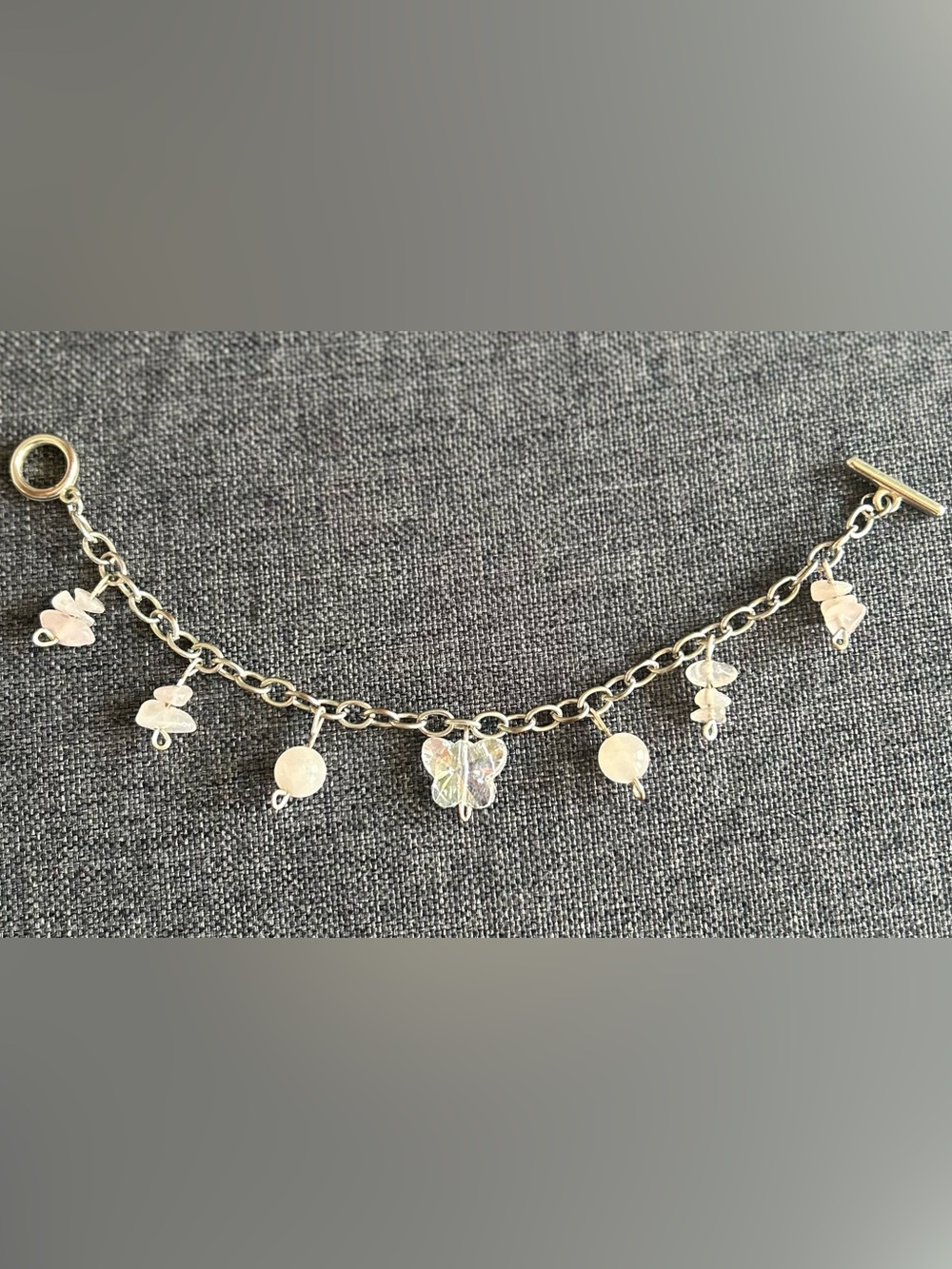 Silver Butterfly Charm Chain Bracelet with White Bead Accents